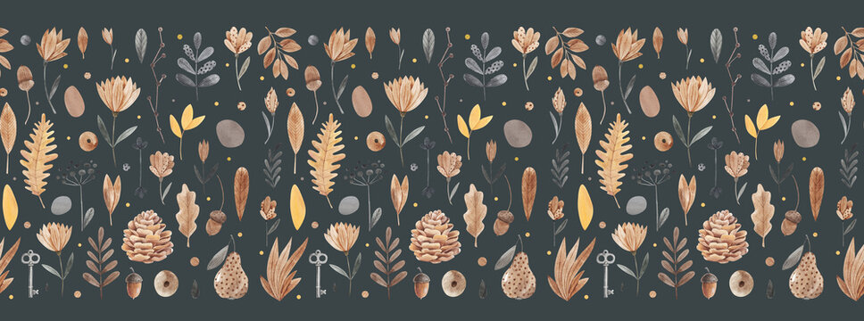 Watercolor Autumn Seamless Pattern with Leaves, Pine Cones and Acorns. Elegant fall background with leaves, pine cones, acorns, berries, flowers, and natural woodland details on a dark background.
