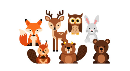 Fototapeta premium Cute cartoon forest animals collection on white background.