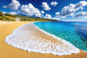 Obraz premium Golden beach, turquoise waves, sunny sky