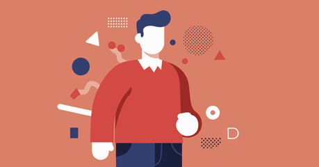 Modern flat design illustration of a man, surrounded by abstract geometric shapes on a coral background. Ideal for business, technology, or lifestyle concepts.