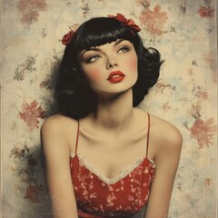 Illustration of a beautiful black-haired girl in a vintage red dress in front of a floral wallpaper
