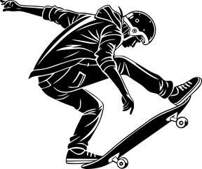 Skateboarder Performing a Trick - Black and White Vector Illustration