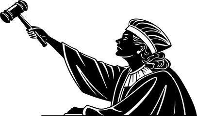Judge Holding a Gavel - Black and White Vector Illustration