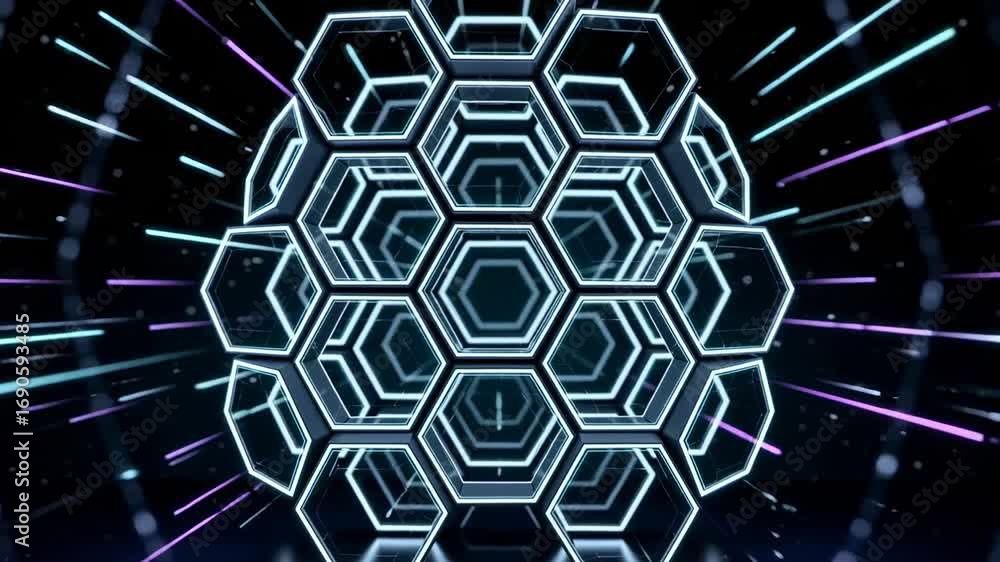 Poster video of geometric abstraction: an intricate 3d rendering of geometric shapes creating a futuristic,