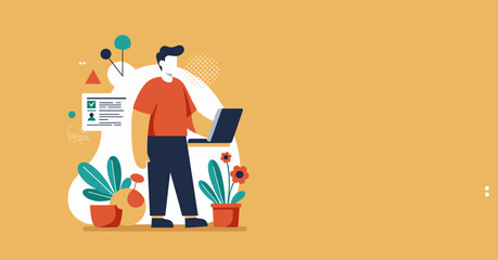 Man working remotely on laptop amidst plants, symbolizing productivity, online learning, or freelance work from a comfortable home office.