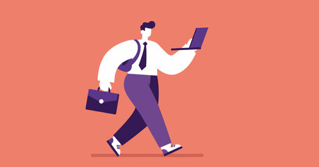 Modern professional man walking with a briefcase, laptop, and backpack. Represents business on the go, productivity, remote work, and technology-driven lifestyle.