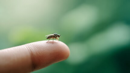 Tiny green fly perching on a person's fingertip, showcasing the insect's delicate features against a soft, blurred green backdrop, creating a captivating close up of nature's intricacies