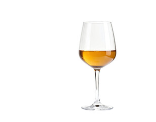 Clear wine glass filled with light amber liquid