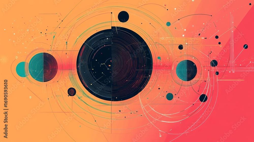 Poster dynamic abstract geometric design with vibrant gradient background and circular elements, modern art