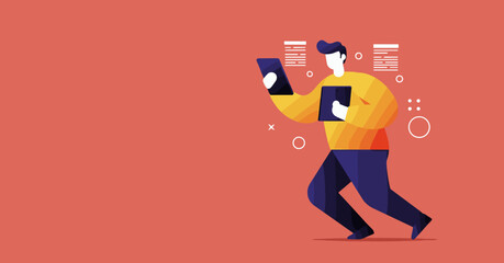 Illustrated person expertly multitasking with a smartphone and tablet, showcasing modern digital communication, productivity, and mobile technology for business and lifestyle.