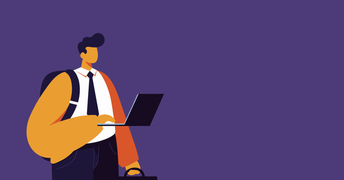 A modern flat design illustration depicts a focused businessman or student carrying a backpack and briefcase while actively using a laptop against a clean purple background.