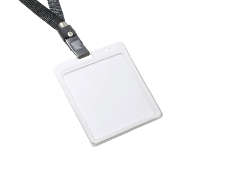 Blank white plastic ID badge on black lanyard (1)