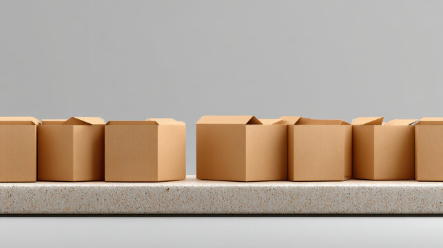 Cardboard food delivery boxes lined up on counter ready for online order with clean background showing efficient packaging and service