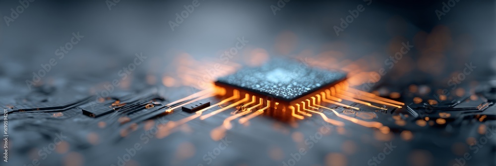 Poster glowing cpu processing data on a futuristic motherboard, illustrating the immense power of artificia