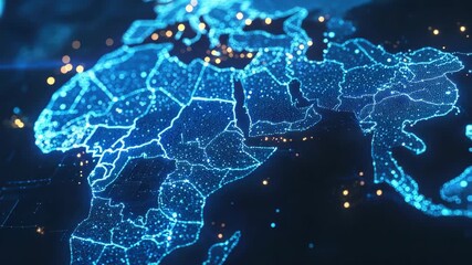 Digital of a world map glowing with blue digital elements, symbolizing connectivity and global communication. - Powered by Adobe