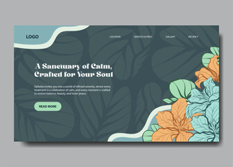 Minimalist landing page floral template with deep forest green Bauhinia ornament