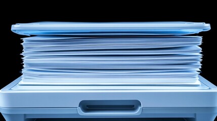 Light-blue printer tray filled with documents