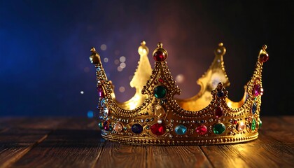 Ornate golden crown on a wooden surface