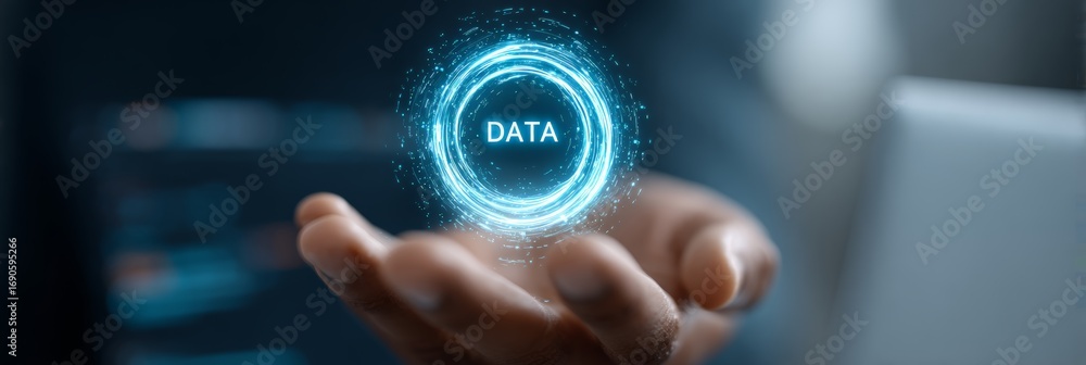Poster businessman using artificial intelligence to analyze data, holding a holographic projection of infor