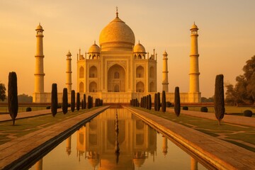 Taj Mahal at Sunset - A Majestic Architectural Marvel.