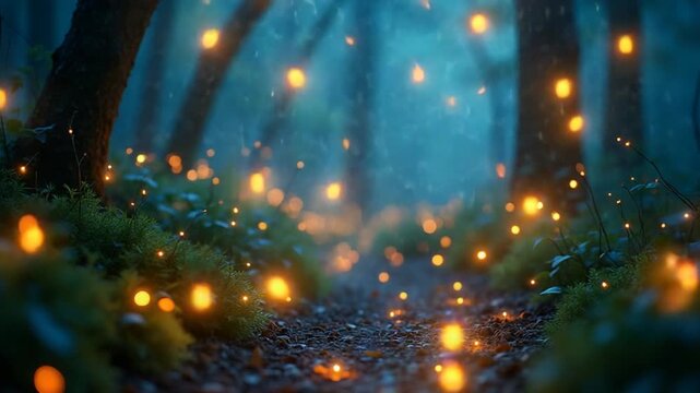 Fantasy firefly lights in the magical forest