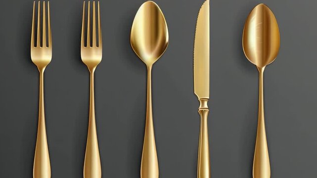 A set of gold flatware arranged on a black background, great for showcasing luxury or elegance