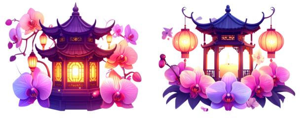 Set of Lantern-Adorned Pagoda with Orchid Blossoms, Fantasy Illustration, Transparent PNG