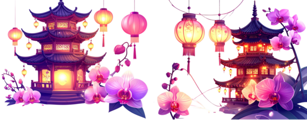 Set of Lantern-Adorned Pagoda with Orchid Blossoms, Fantasy Illustration, Transparent PNG 1