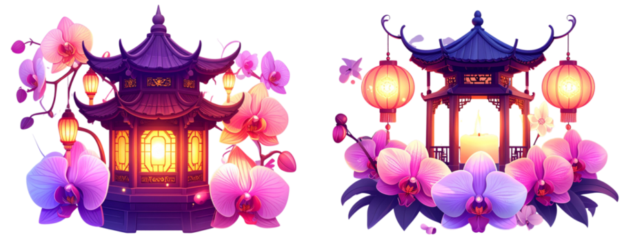Set of Lantern-Adorned Pagoda with Orchid Blossoms, Fantasy Illustration, Transparent PNG