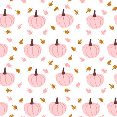 Cute seamless pattern with soft pink pumpkins and leaves, hand drawn. The image can be printed on wrapping paper and canvas, for children, posters or banners for websites. Autumn, Thanksgiving