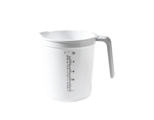 White plastic measuring jug with handle and volume markings