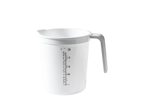 White plastic measuring jug with handle and volume markings