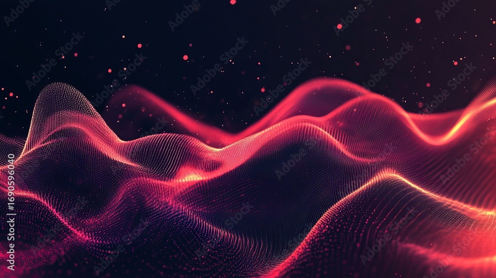Poster dynamic red particle wave flowing through dark space with glowing embers and light flares