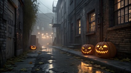 Dark Alley with Halloween Jack-o&rsquo;-Lanterns