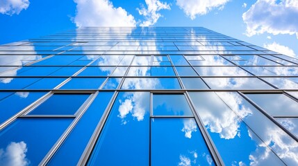 Modern glass skyscraper facade reflecting a vibrant blue sky and clouds