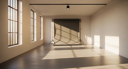 Photography studio with natural light streaming through industrial windows