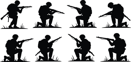 Eight kneeling soldier silhouettes aiming rifles, tactical military formation, black and white vector, combat ready troops, armed forces illustration, defense