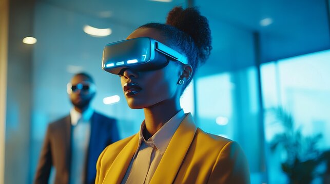 Confident businesswoman explores virtual reality, embracing future technology in a modern office setting.