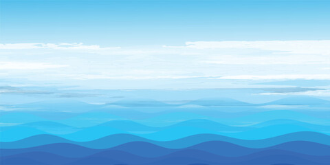 Obraz premium Stylized blue ocean waves vector with layered curved shapes and dreamy sky. Great for backgrounds, presentations, or creative artwork.