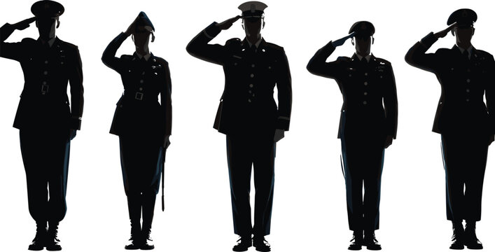 Military soldiers saluting silhouette, honor and respect, army tribute, male and female service members, black uniformed figures, ceremonial posture, defense