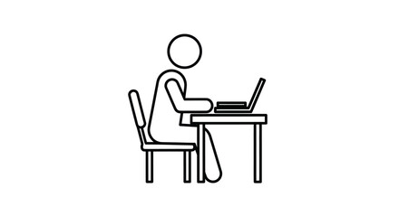 Simple line art icon of a stick figure person sitting at a desk and working on a laptop computer. © Leo