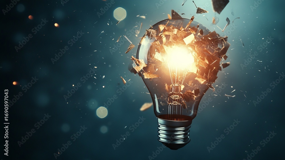 Poster exploding lightbulb symbolizes breakthrough innovation and brilliant new ideas bursting forth with e