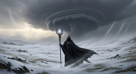 A hooded figure stands in a snowy landscape holding