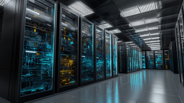 Server racks in a data center stand neatly in rows, symbolizing technology, organization, connectivity, and the backbone of modern digital infrastructure.