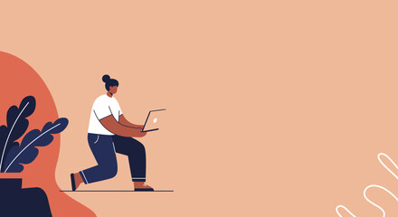 A focused person in a dynamic pose works on a laptop, representing remote work, digital productivity, and modern lifestyle. Perfect for business and technology themes.