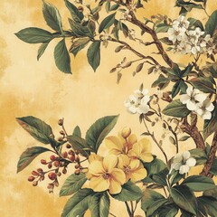 Vintage drawing of white and yellow flowers and branches on a yellow background