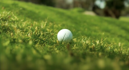 Golf ball resting on lush green grass on a sunny day.