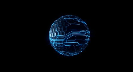 Futuristic Blue Circuit Sphere on Black Background.