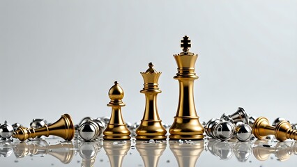 Golden chess king and queen stand victorious over fallen silver pieces, symbolizing success and strategic dominance in a competitive business environment.