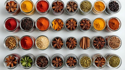 Vibrant overhead shot showcasing an array of assorted spices in small glass jars, neatly arranged in rows, perfect for culinary, food blog, or packaging design.